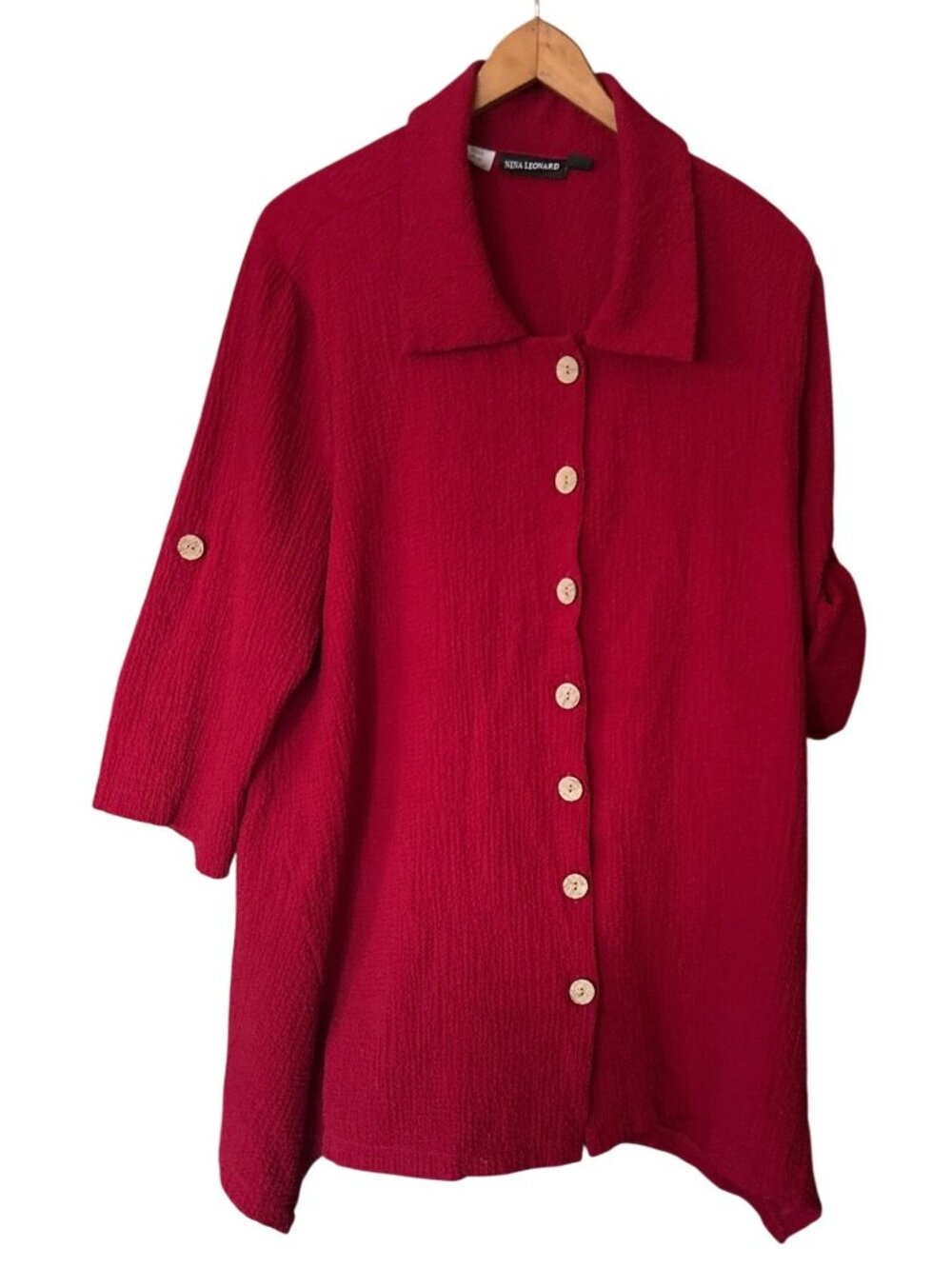 Womens Nina Leonard Red Asymmetric Hem Button Tunic Blouse Gauzy Crinkle 1X